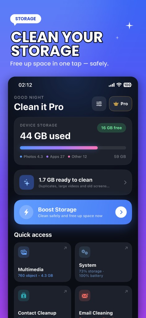 Clean it Pro home screen with storage overview and Boost Storage